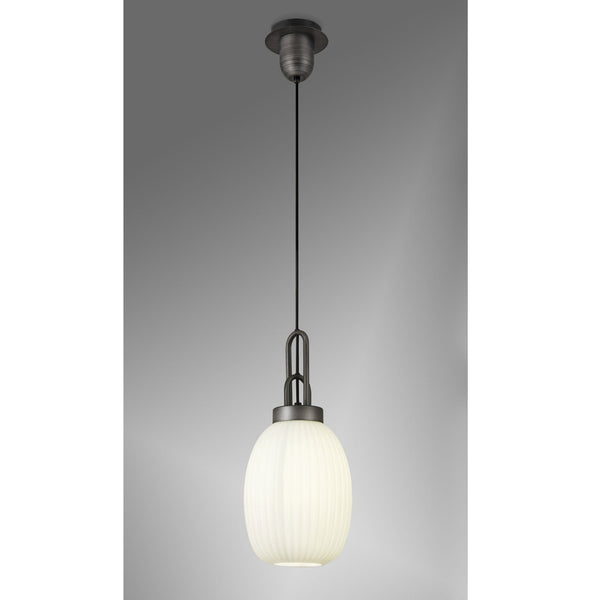 Atherington Almond Pendant in Aged Pewter & Opal Ribbed Shade