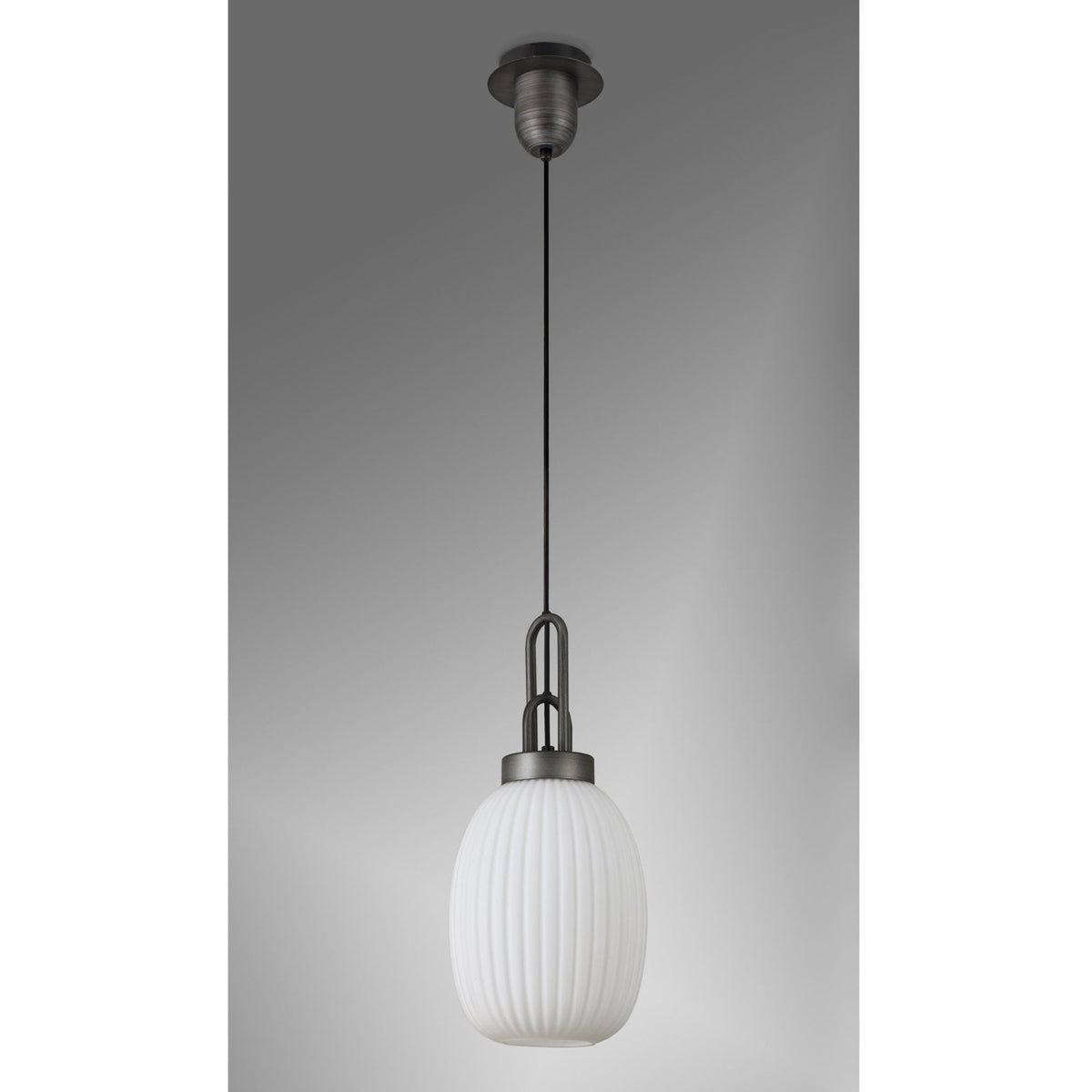 Atherington Almond Pendant in Aged Pewter & Opal Ribbed Shade