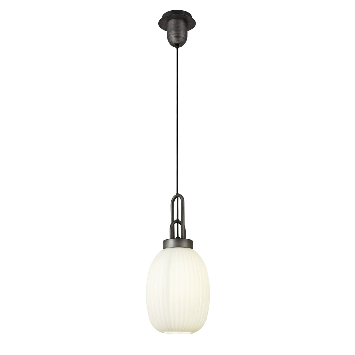 Atherington Almond Pendant in Aged Pewter & Opal Ribbed Shade
