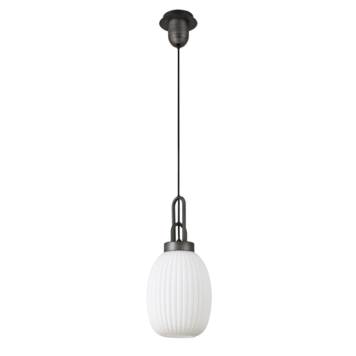 Atherington Almond Pendant in Aged Pewter & Opal Ribbed Shade
