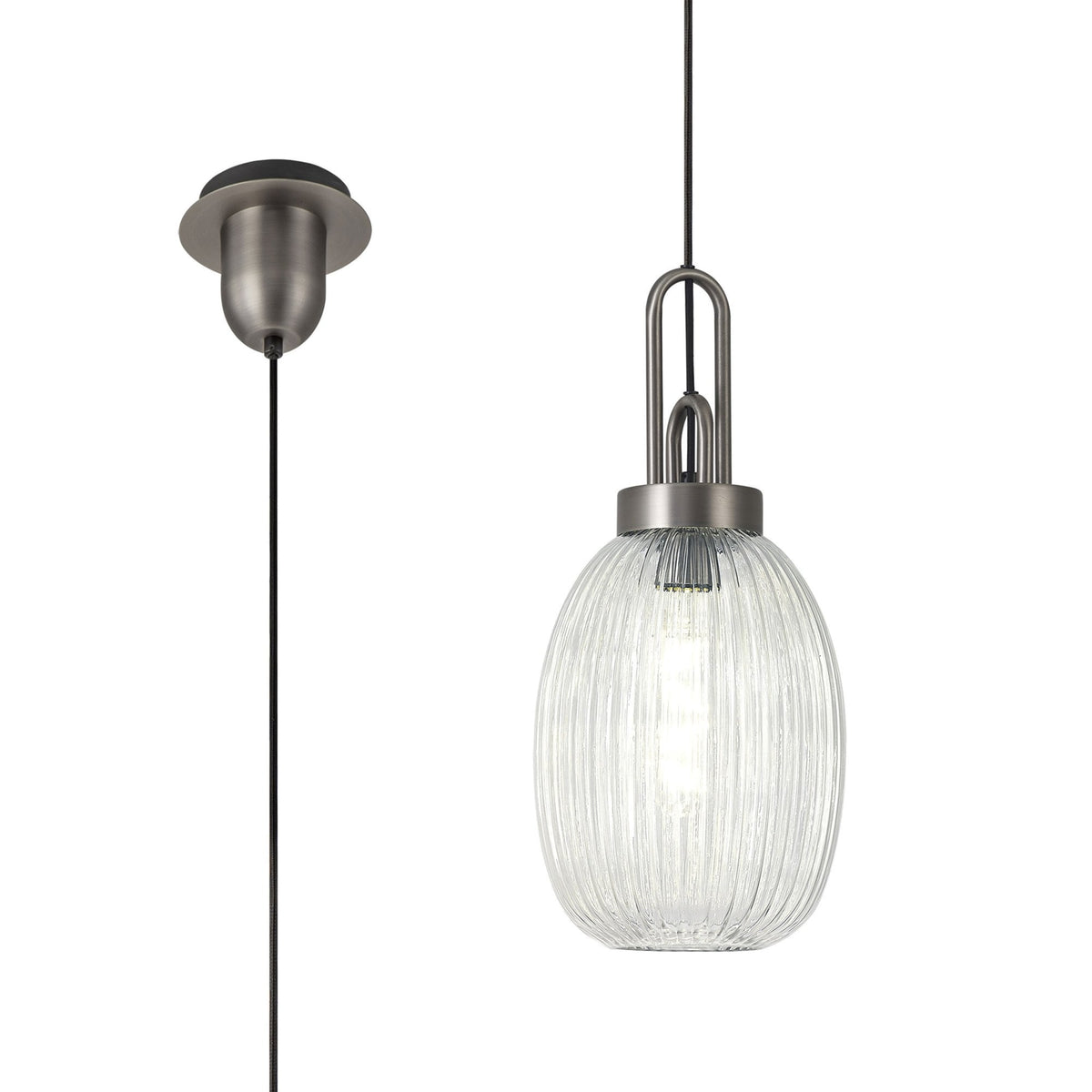 Atherington Almond Pendant in Antique Silver & Clear Ribbed Shade