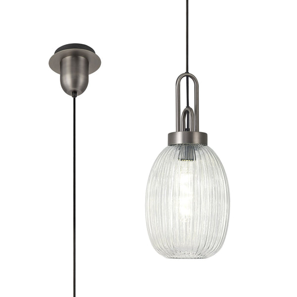 Atherington Almond Pendant in Antique Silver & Clear Ribbed Shade