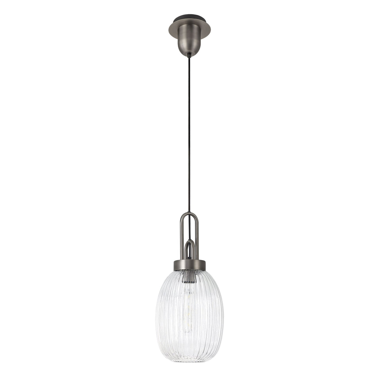 Atherington Almond Pendant in Antique Silver & Clear Ribbed Shade