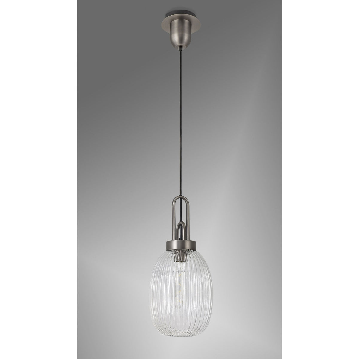 Atherington Almond Pendant in Antique Silver & Clear Ribbed Shade