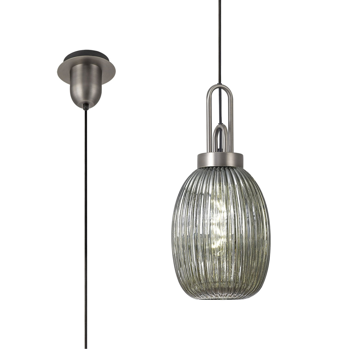 Atherington Almond Pendant in Antique Silver & Smoked Ribbed Shade