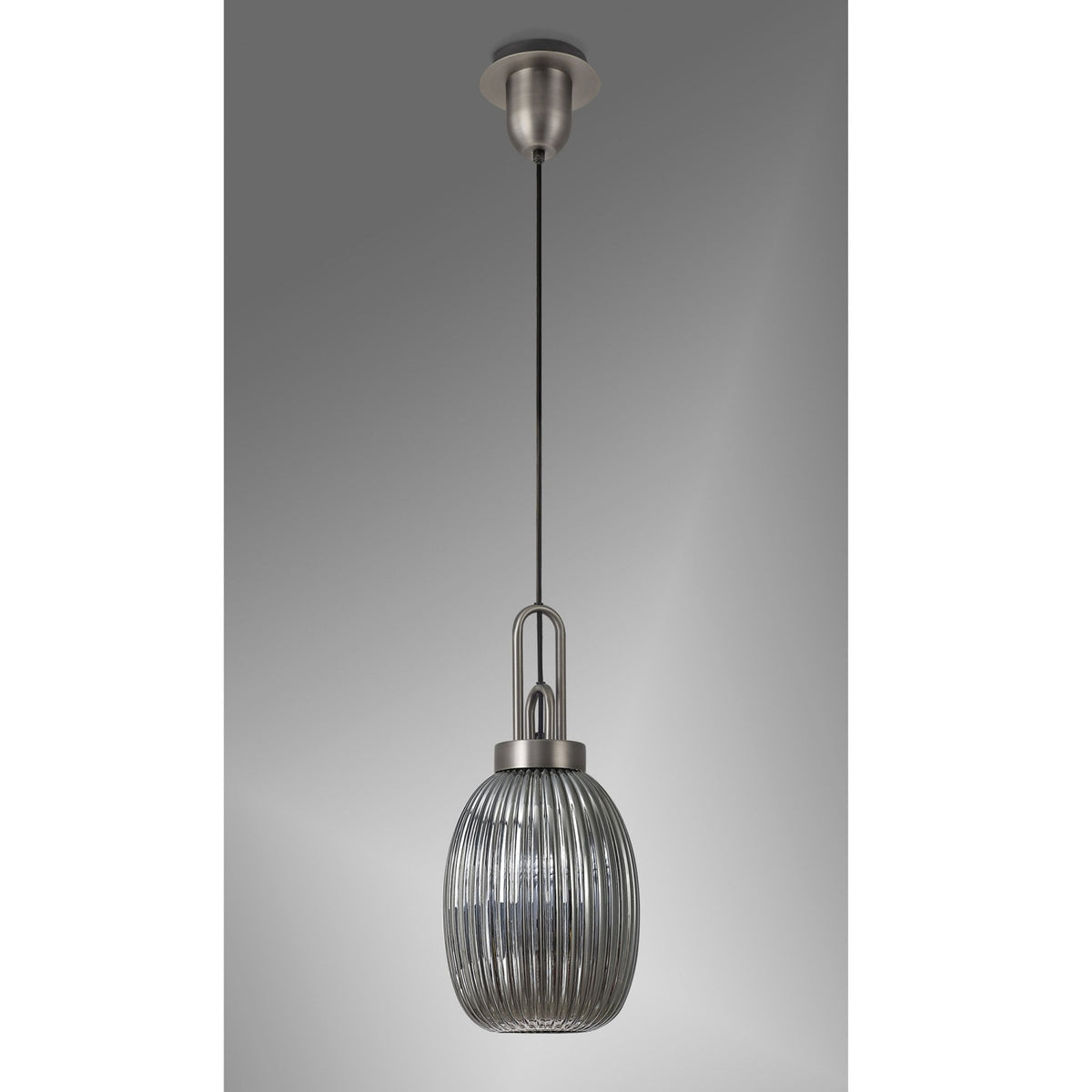 Atherington Almond Pendant in Antique Silver & Smoked Ribbed Shade