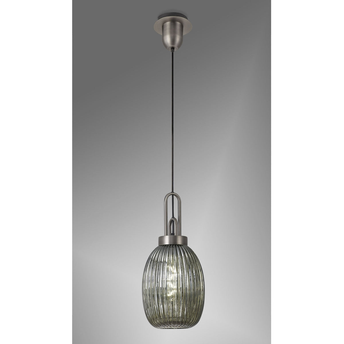 Atherington Almond Pendant in Antique Silver & Smoked Ribbed Shade