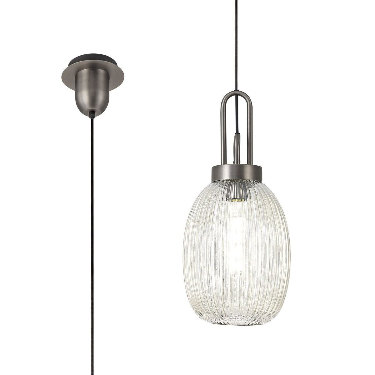 Atherington Almond Pendant in Antique Silver & Champagne Ribbed Shade