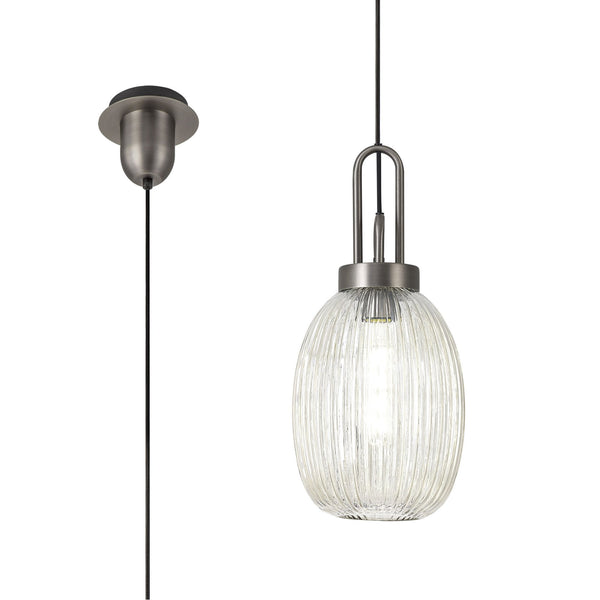 Atherington Almond Pendant in Antique Silver & Champagne Ribbed Shade