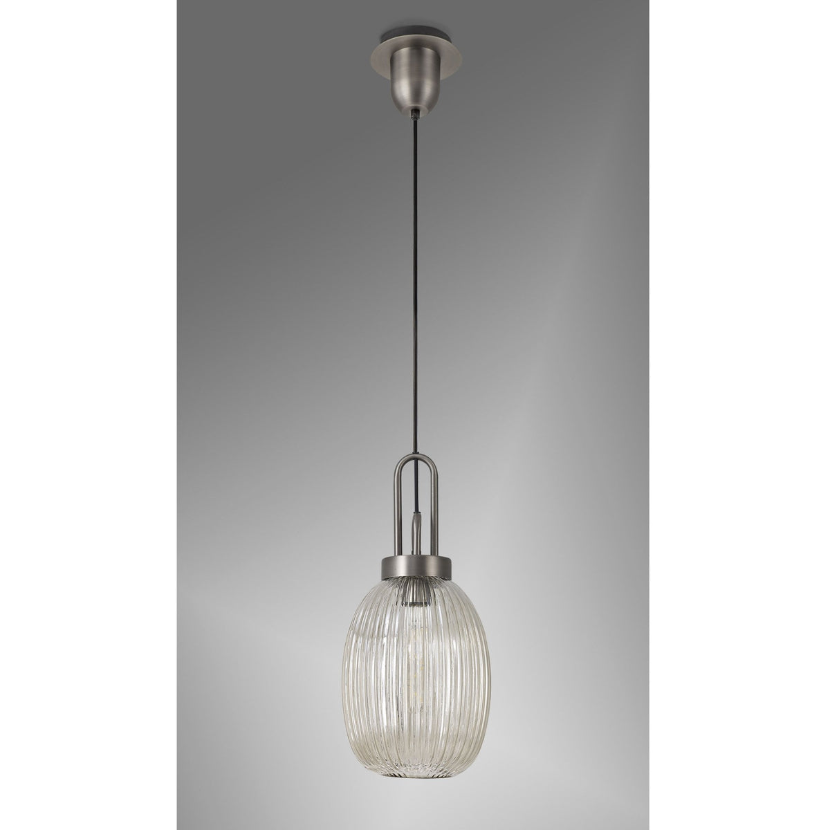 Atherington Almond Pendant in Antique Silver & Champagne Ribbed Shade