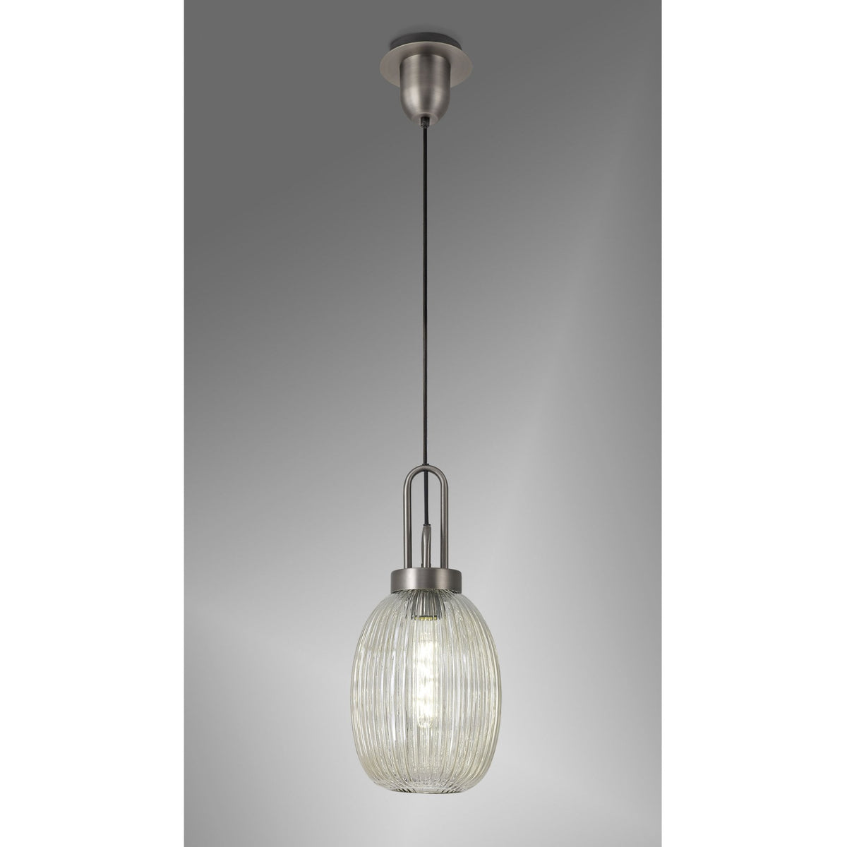 Atherington Almond Pendant in Antique Silver & Champagne Ribbed Shade