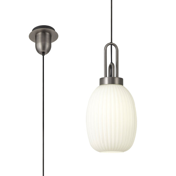 Atherington Almond Pendant in Antique Silver & Opal Ribbed Shade