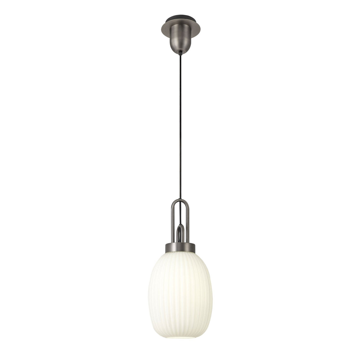 Atherington Almond Pendant in Antique Silver & Opal Ribbed Shade