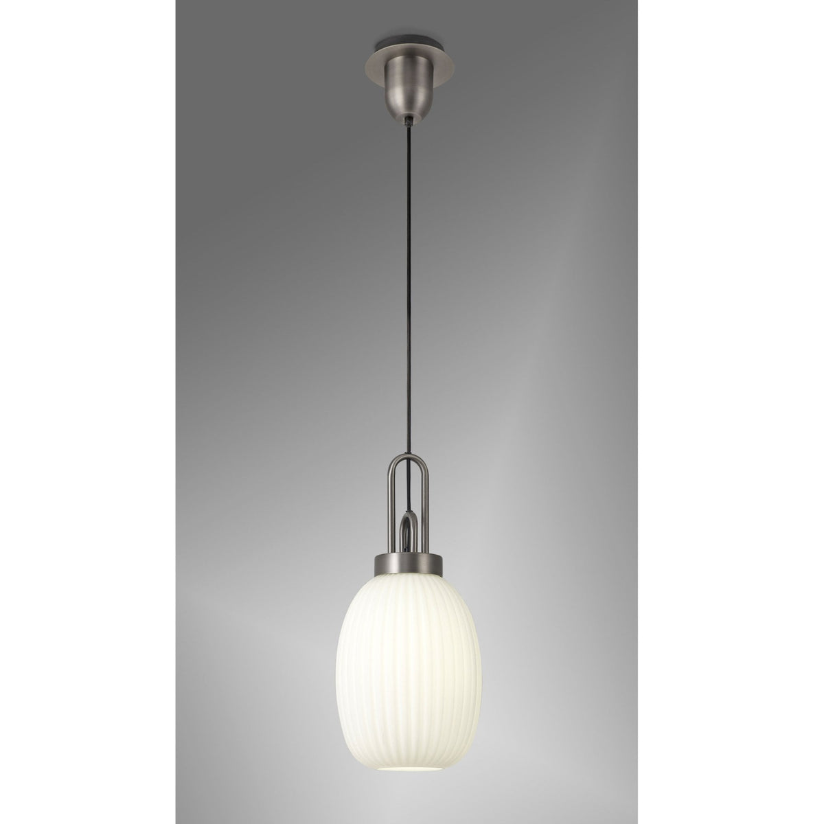 Atherington Almond Pendant in Antique Silver & Opal Ribbed Shade