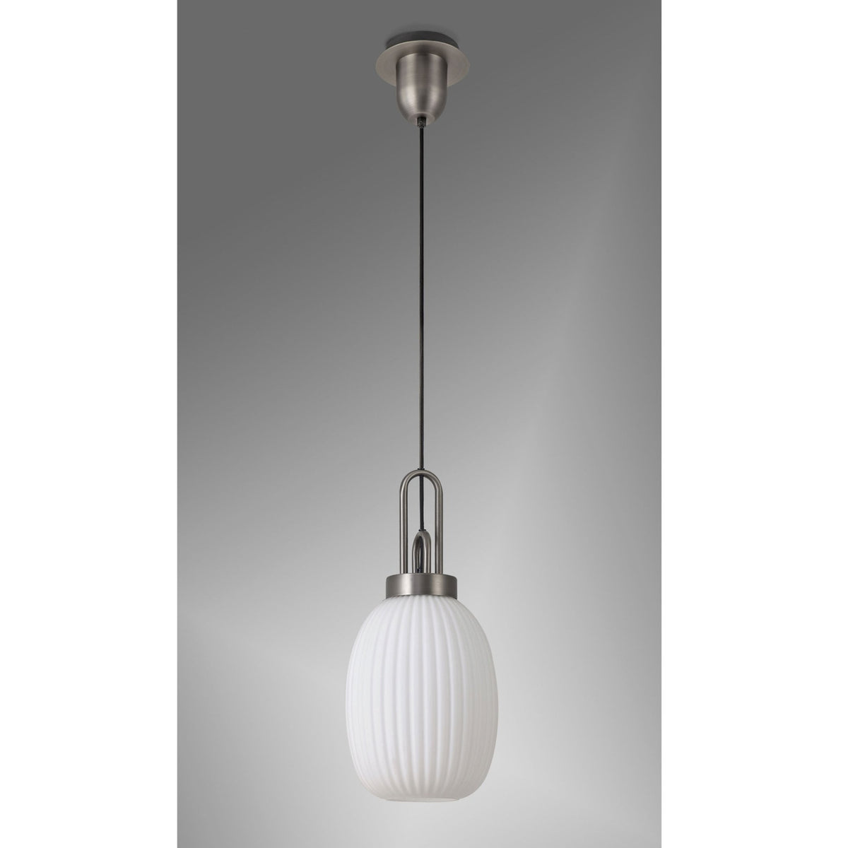 Atherington Almond Pendant in Antique Silver & Opal Ribbed Shade