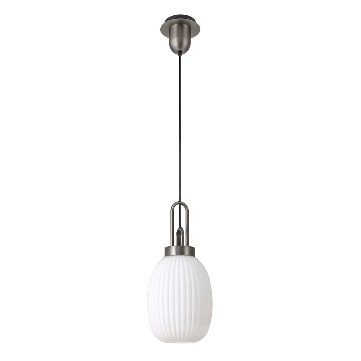 Atherington Almond Pendant in Antique Silver & Opal Ribbed Shade