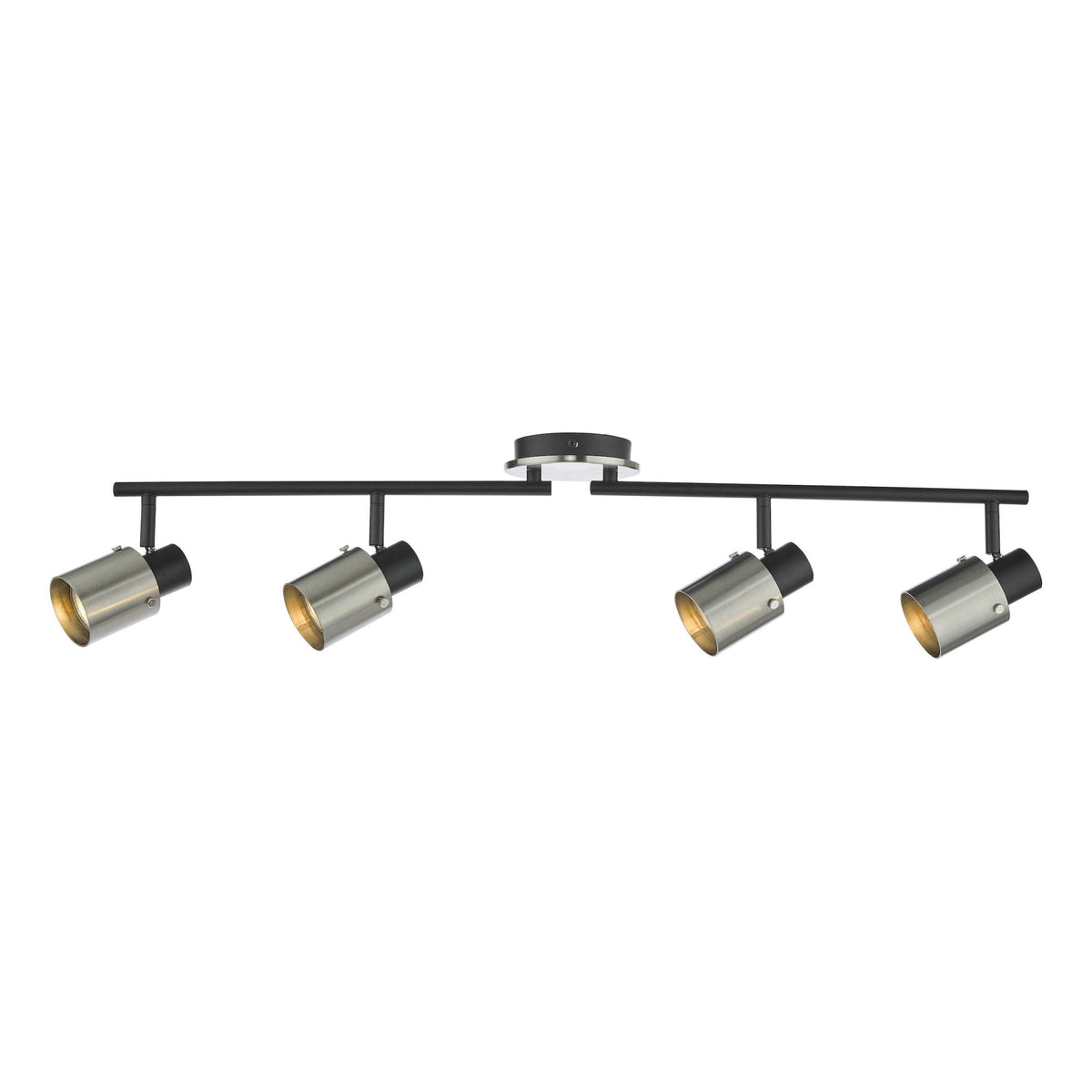 Four-light track lighting fixture with brushed nickel shades on a black bar.