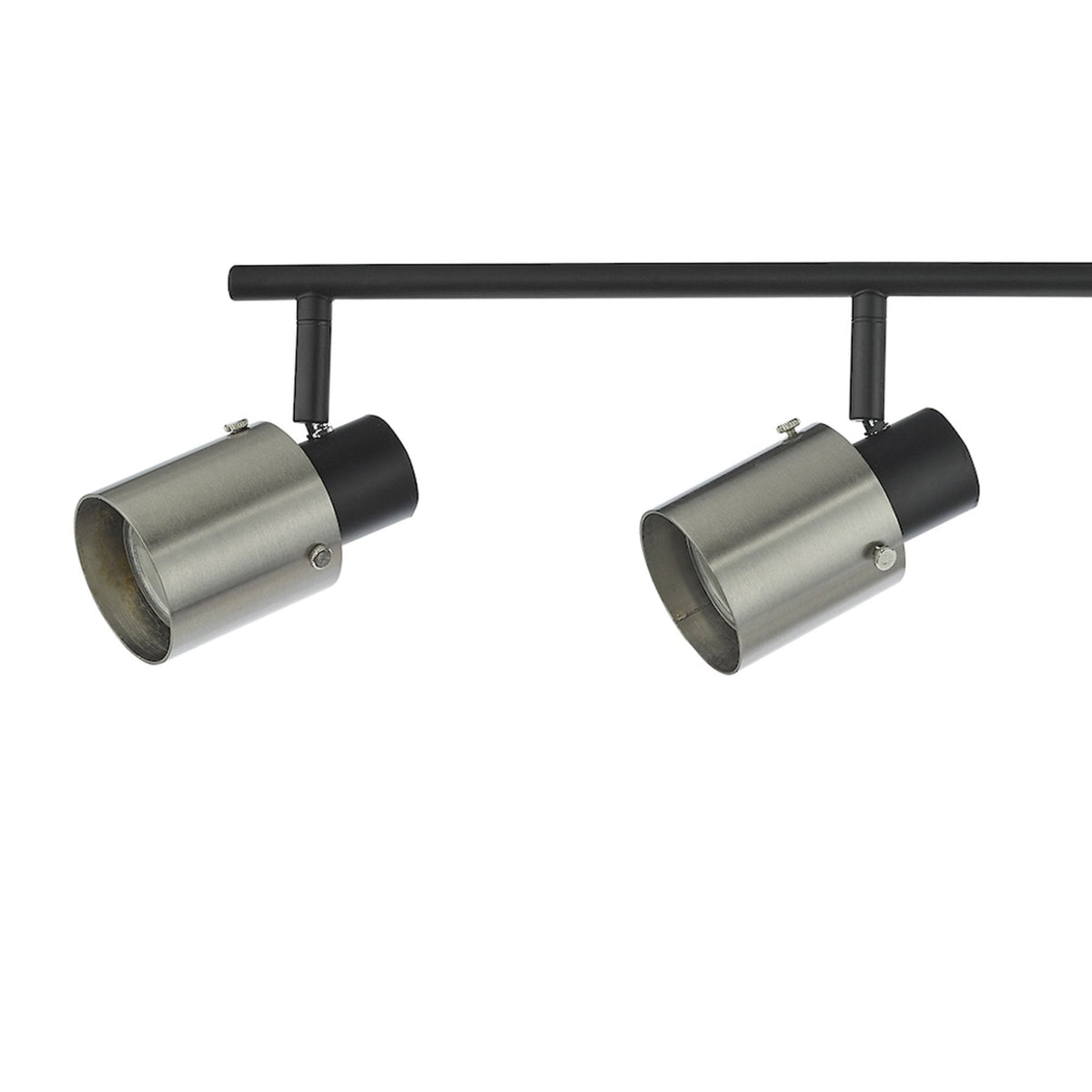 Two brushed nickel track lights on a black bar, angled downwards on a white background.