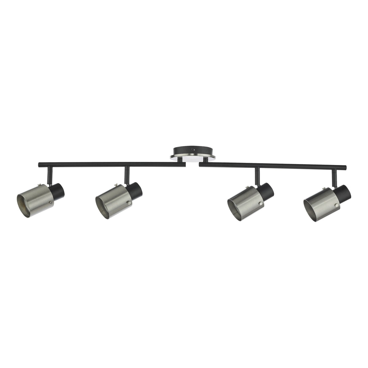 Four-light track lighting fixture with brushed nickel shades on a black bar.