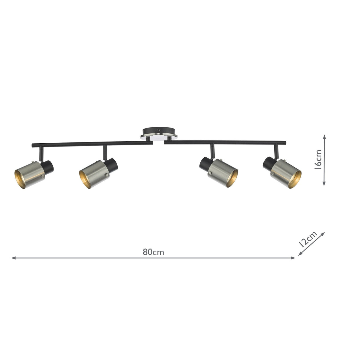Four-light ceiling spotlight with brushed steel shades and black accents, showing dimensions of 80cm, 16cm, and 12cm.