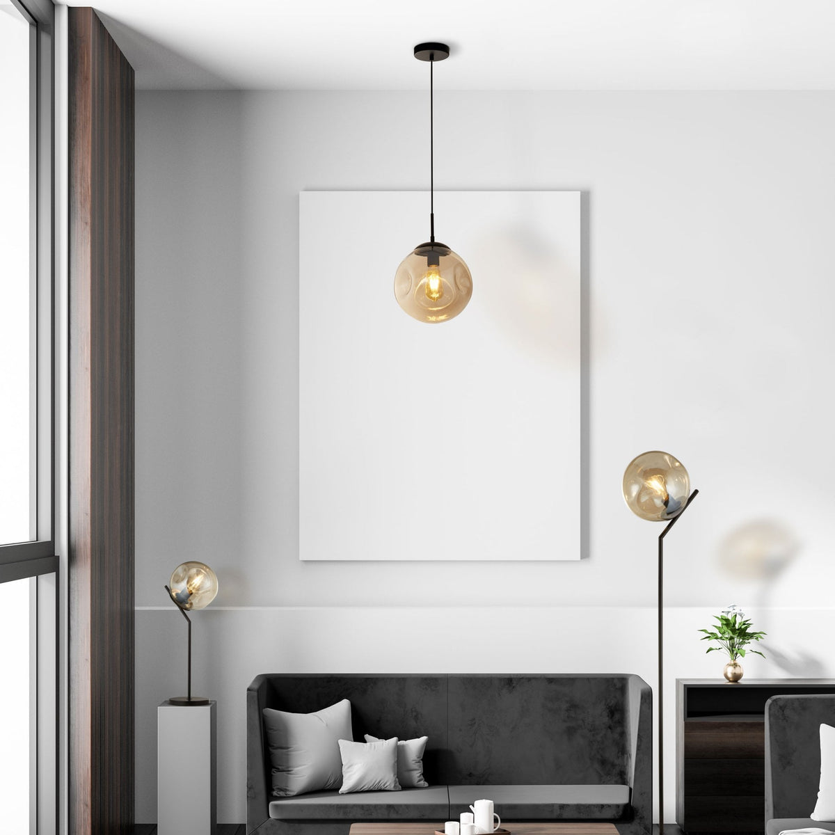 Punch Single Pendant In Matt Black With Champagne Glass Shade