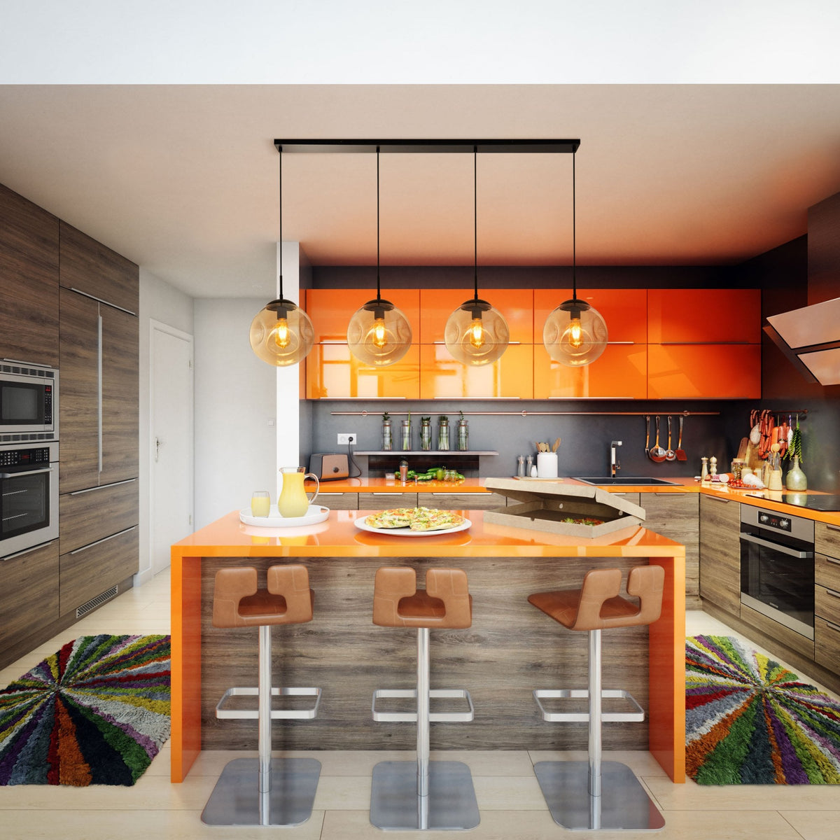 Punch 4 Light Linear Pendant In Matt Black With Champagne Glass Shade