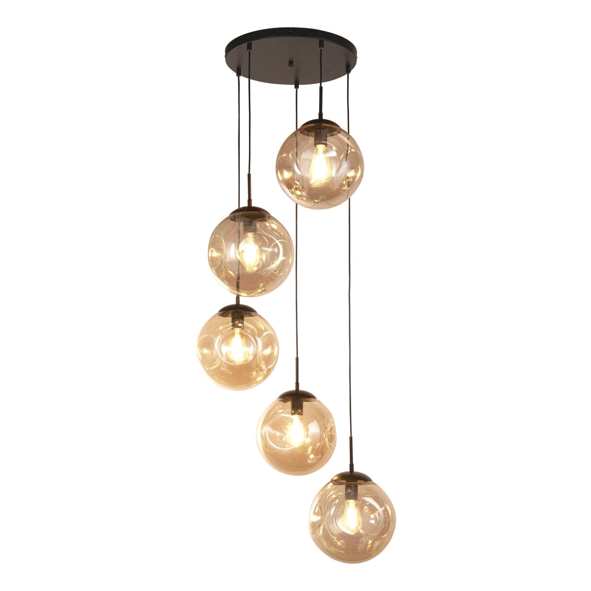 Punch 5 Light Cluster Pendant In Matt Black With Champagne Glass Shade