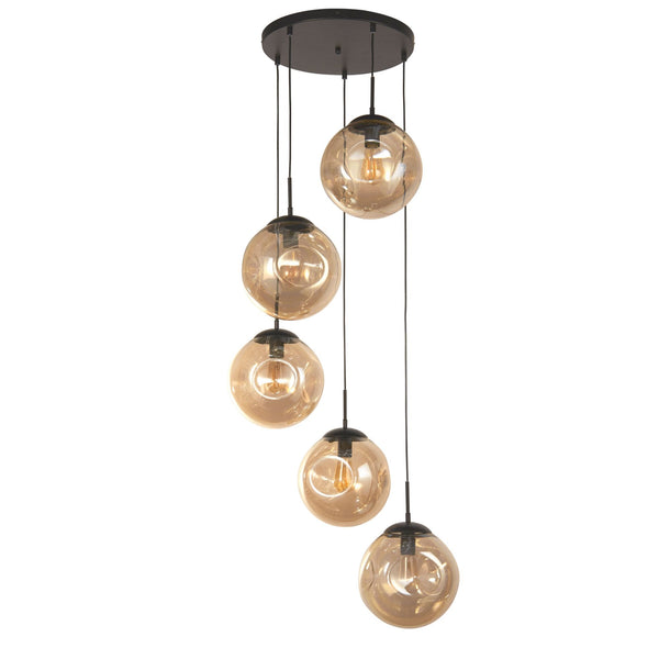 Punch 5 Light Cluster Pendant In Matt Black With Champagne Glass Shade