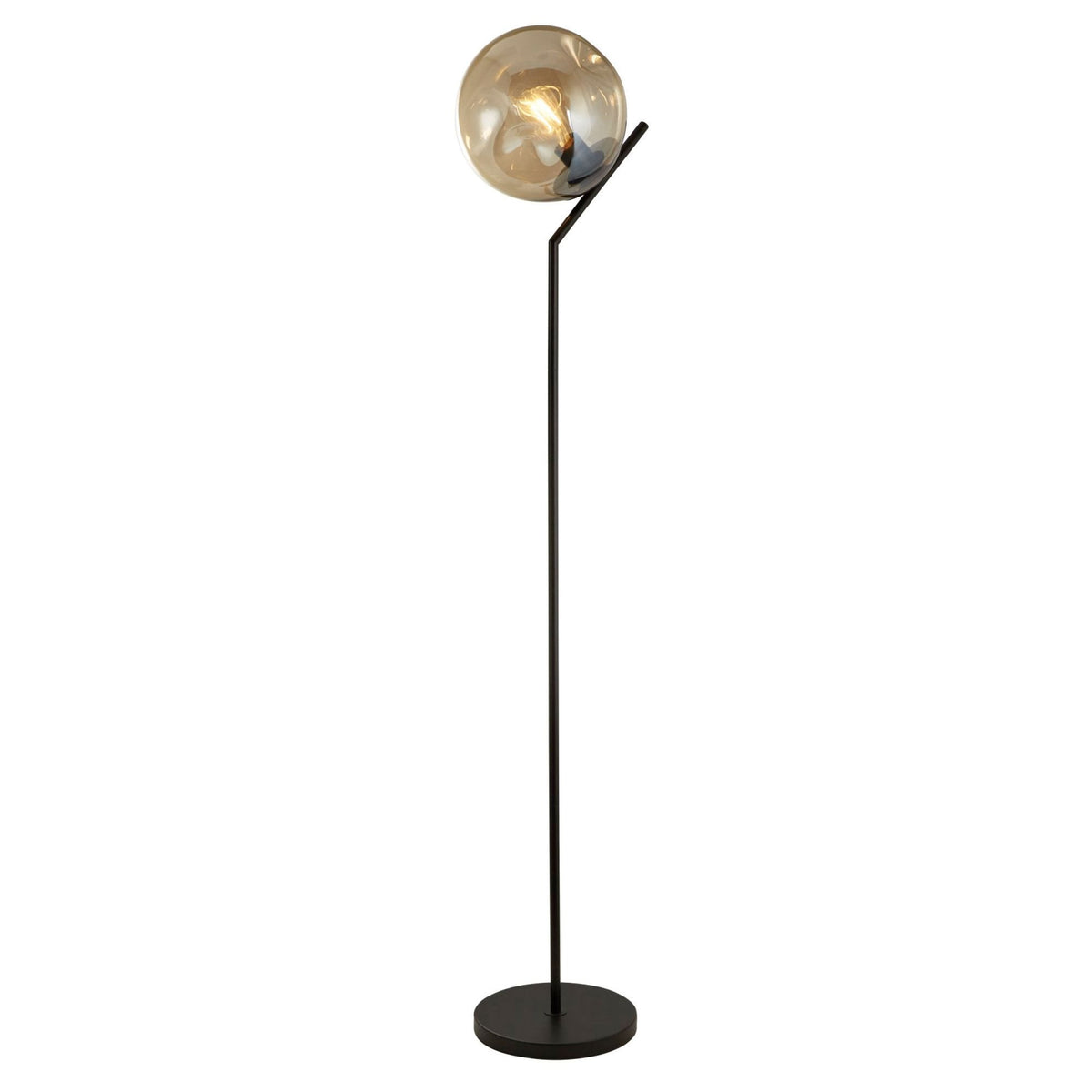 A contemporary floor lamp with a black stand and a smoked glass globe shade.