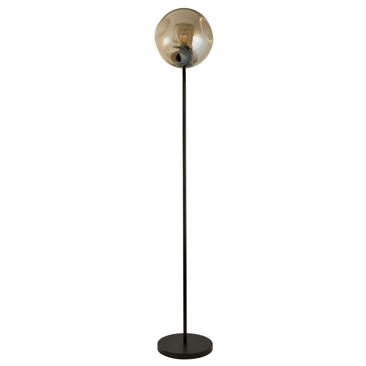A full view of the modern floor lamp, featuring a black stand and a smoked glass globe.