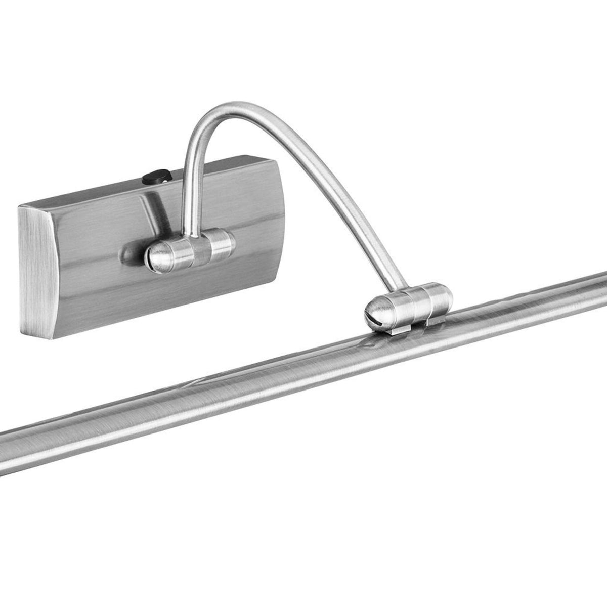 A close up of the brushed steel LED picture light's adjustable arm and head.