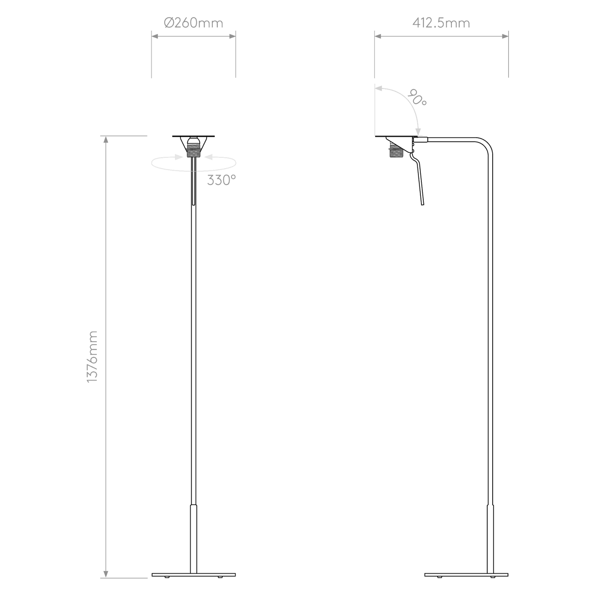 Technical drawing of a floor lamp with dimensions and rotation angles