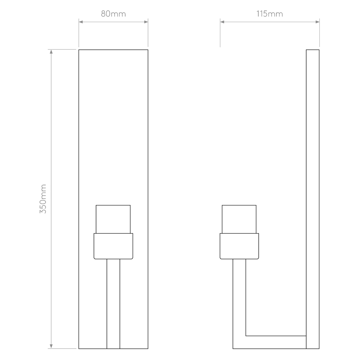 Technical drawing of a wall light showing front and side views with dimensions 350mm, 80mm, 115mm