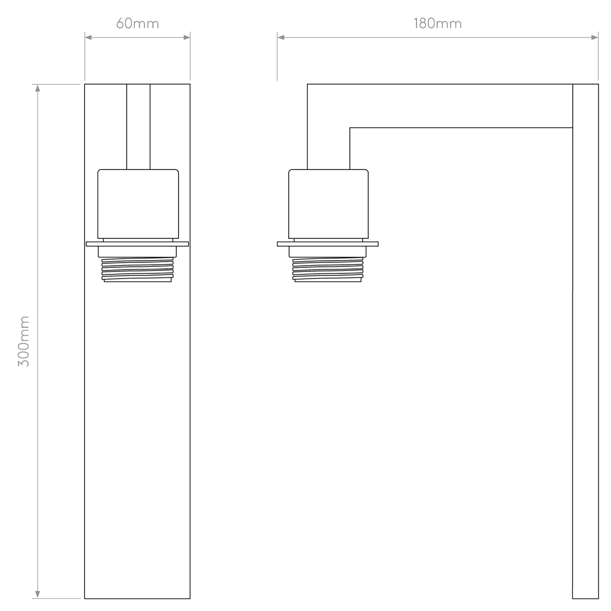 Technical drawing of a wall light with dimensions 300mm height, 60mm width, and 180mm depth