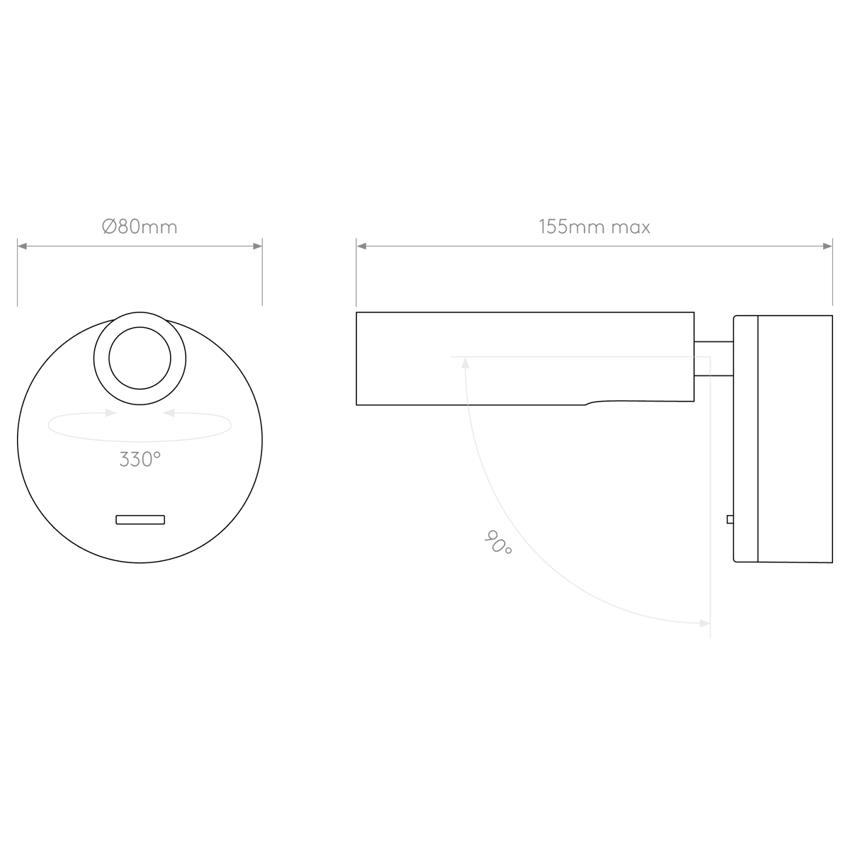 Technical drawing of a wall light showing dimensions and rotation angles