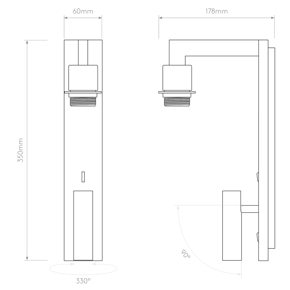 Technical drawing of a wall light with dimensions 350mm height, 60mm width, and 178mm depth