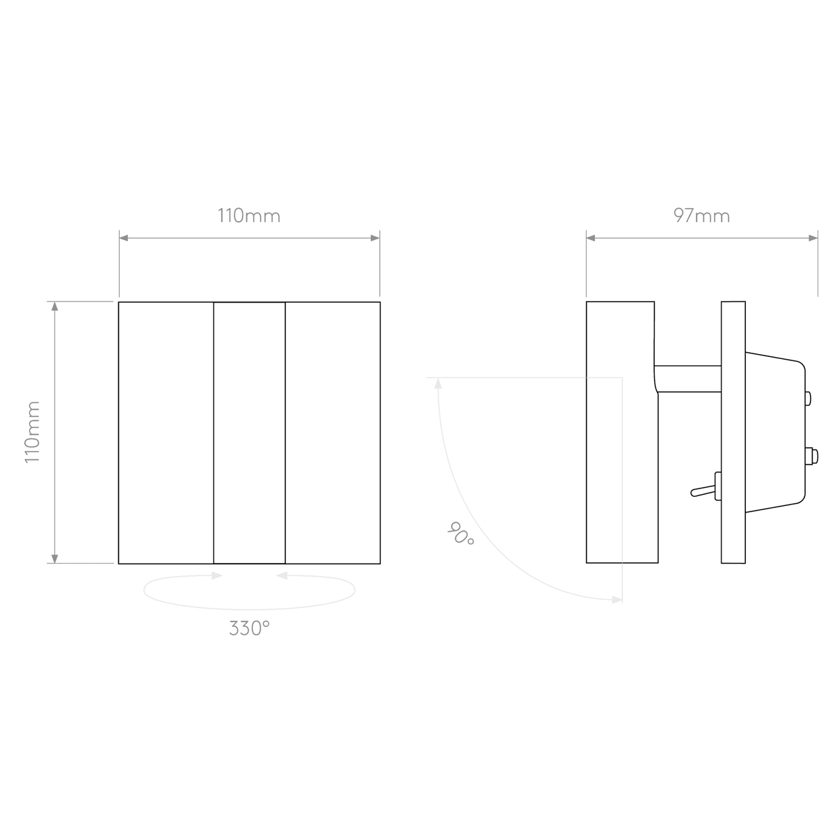 Diagram showing the dimensions of the product, 110mm by 110mm by 97mm, with 330 degree and 90 degree rotation