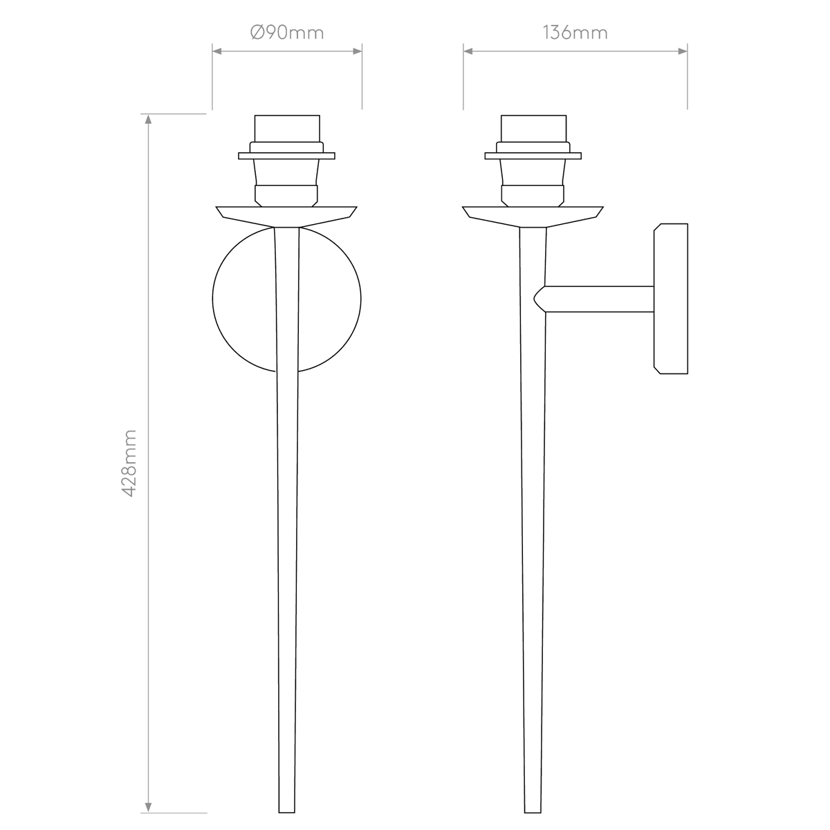 Line drawing of a wall light with dimensions 428mm height, 90mm diameter, and 136mm depth