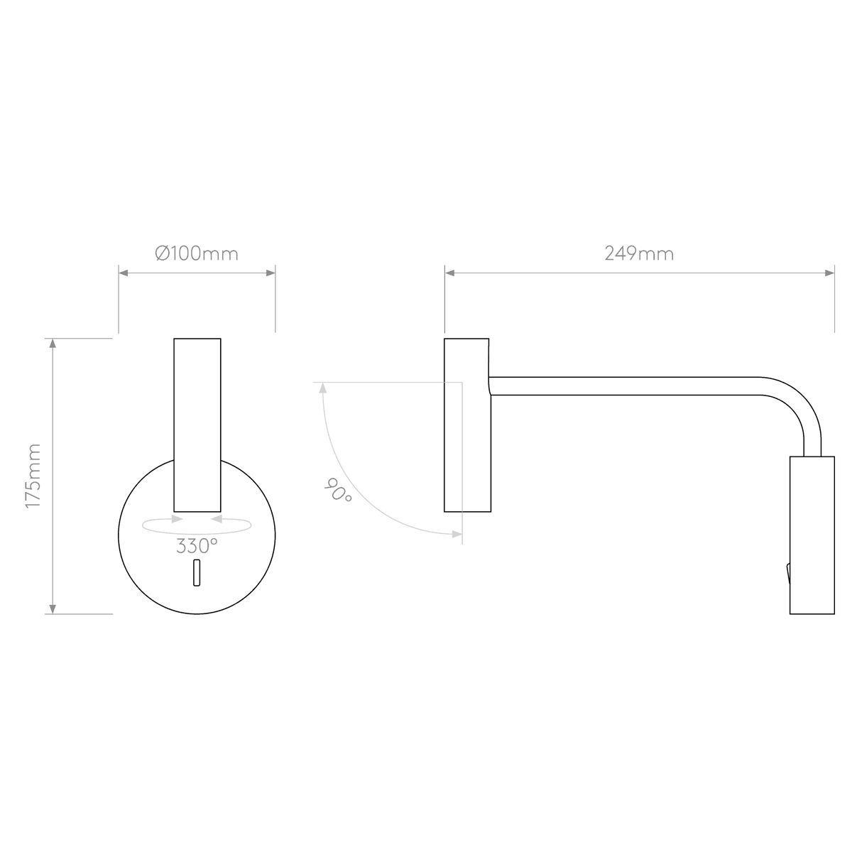 Technical drawing of a wall light with dimensions 175mm height, 100mm diameter, 249mm length