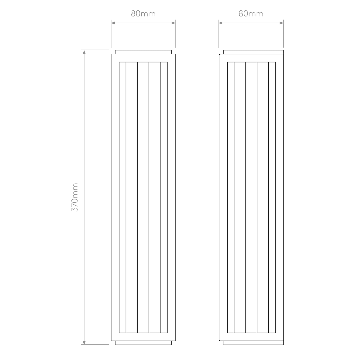 Line drawing of two rectangular wall lights with dimensions 370mm height and 80mm width
