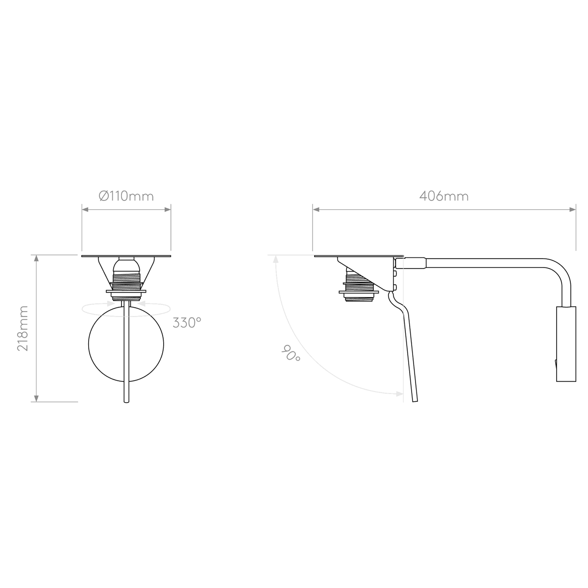 Technical drawing of a wall light with dimensions: 110mm diameter, 218mm height, 406mm length, 330 and 90 degree rotation