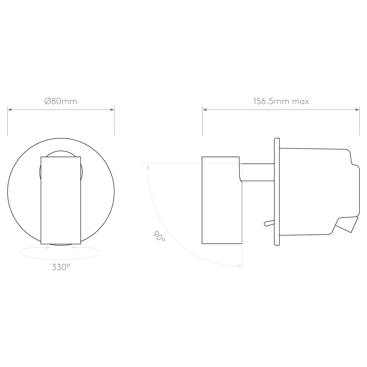 Technical drawing of a shower mixer with dimensions, showing a circular base of 80mm diameter and a 330 degree rotation