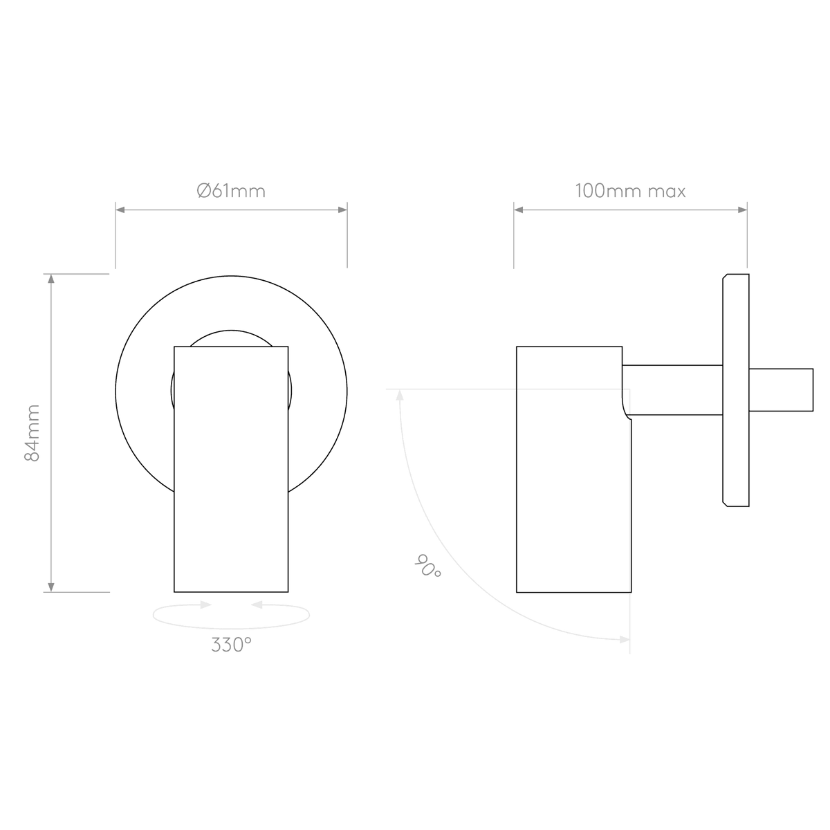 Technical drawing with dimensions for a shower mixer, showing front and side views with measurements