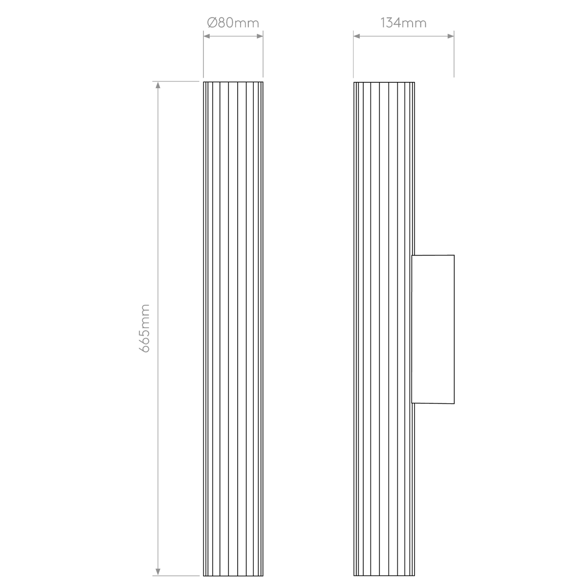 Technical drawing of a wall light showing dimensions: 665mm height, 80mm diameter, 134mm depth