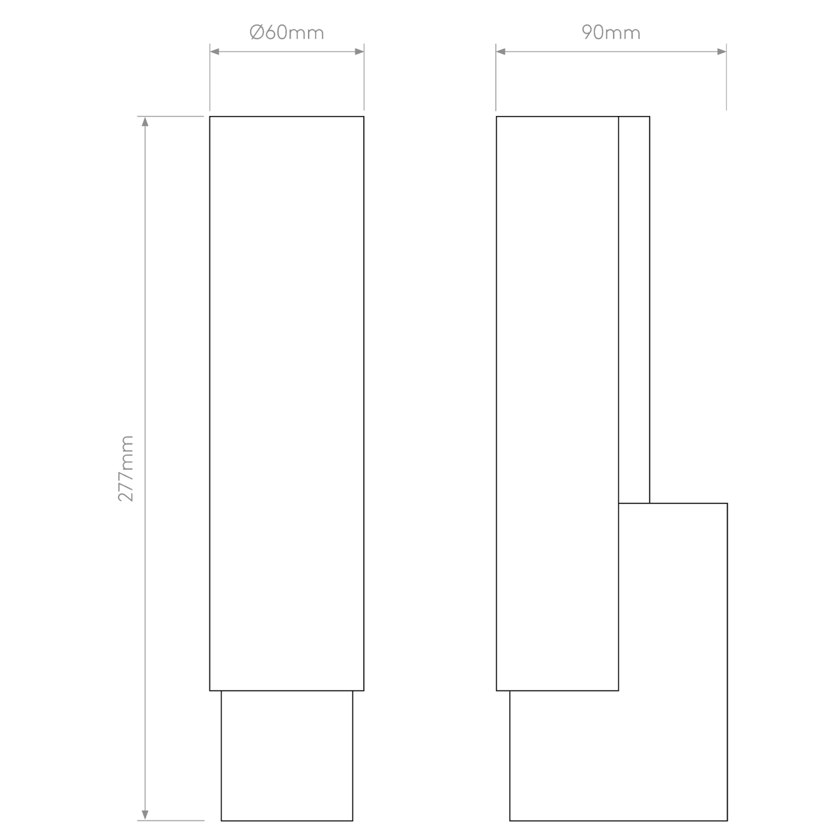 Diagram of a cylindrical object with dimensions 277mm height, 60mm diameter, and 90mm width