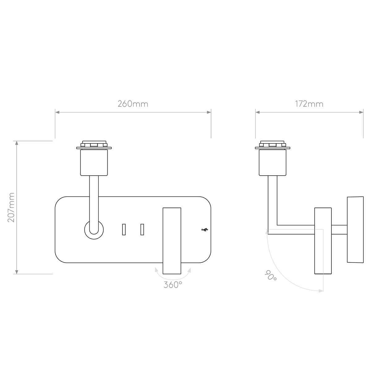 Side by Side Grande Bedside Wall & Reading Light with USB in Matt Black