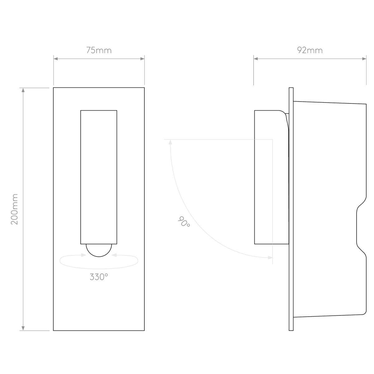 Line drawing of a rectangular wall light with dimensions 200mm high, 75mm wide, and 92mm deep