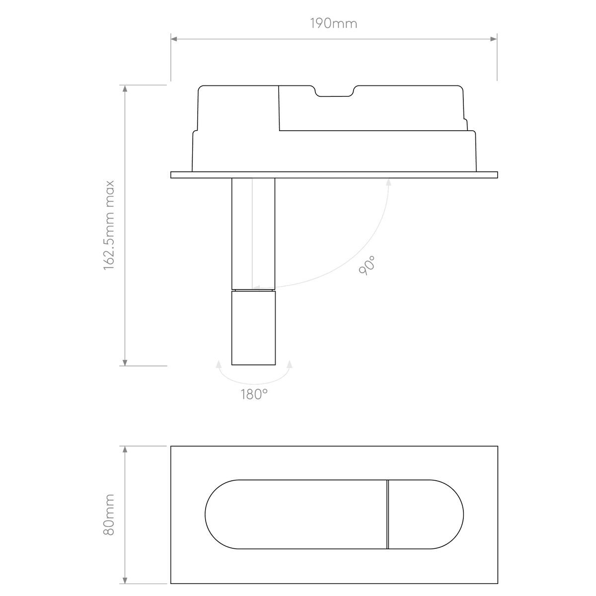Technical drawing of the pop-up socket, showing dimensions and rotation angles for the power outlet