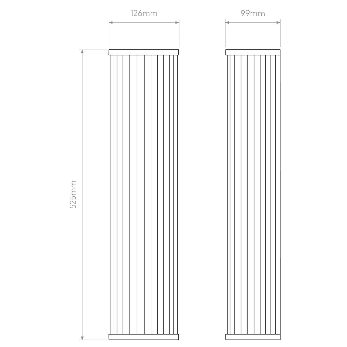 Diagram of two cylindrical filters with dimensions: 525mm height, 126mm and 99mm diameters