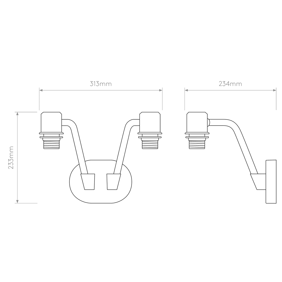 Line drawing of a two-bulb wall light with dimensions 313mm width, 233mm height, and 234mm depth